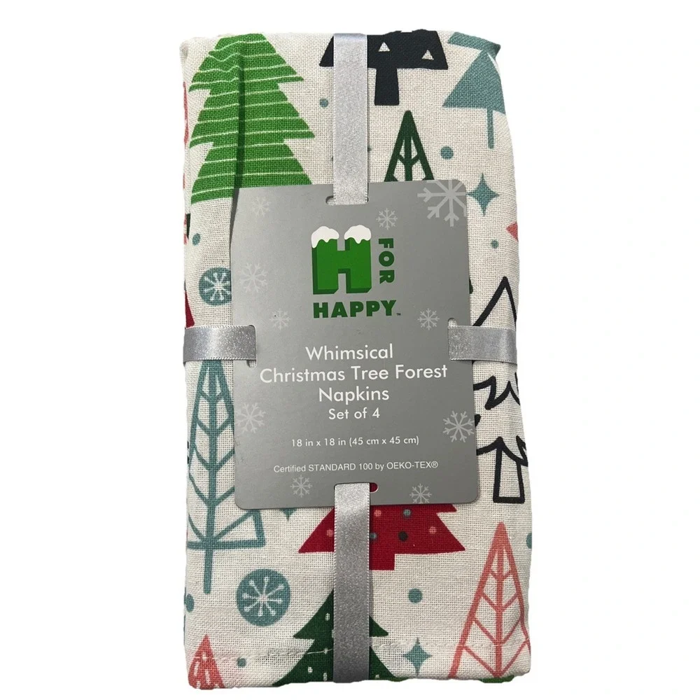 Set Of 4 Whimsical Christmas Tree Forest Napkins Holiday H For Happy 18